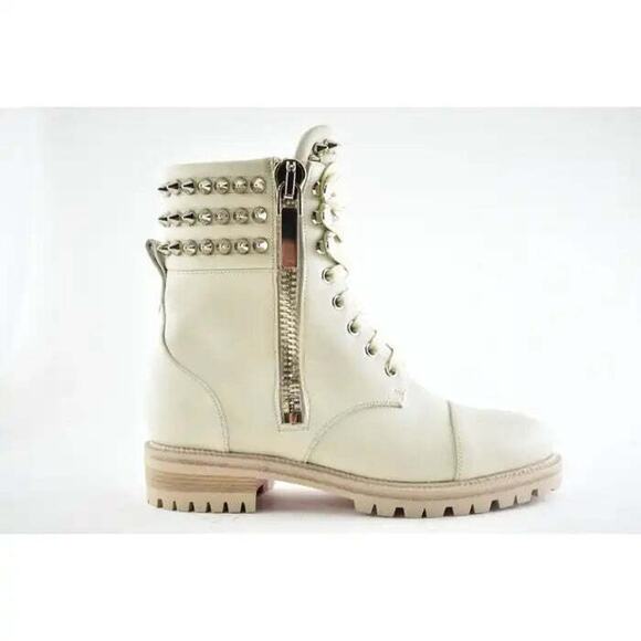 Christian Louboutin Winter Spikes Flat White Calf Leather Combat Ankle Boot 38 - Picture 2 of 9